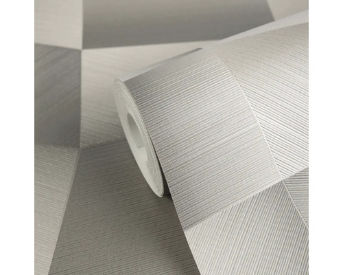 Šedá vliesová tapeta v roli s geometrickým vzorem a jemnou liniovou strukturou.