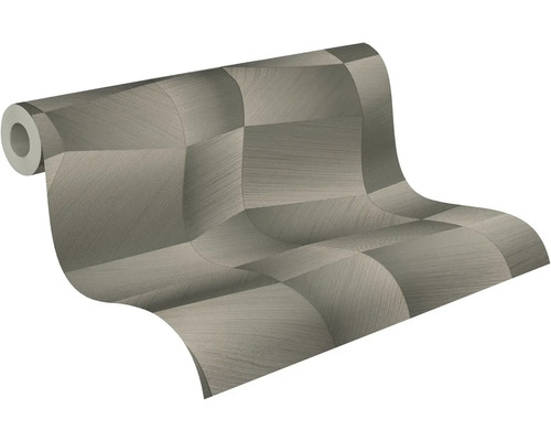 Role tapety s trojrozměrným geometrickým vzorem v šedé barvě, texturovaný metalický vzhled.