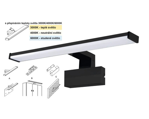 Černé LED koupelnové svítidlo pro montáž na stěnu s různými možnostmi montáže.