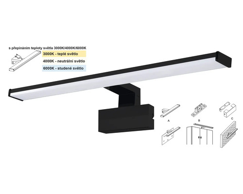 Černé LED koupelnové svítidlo s různými příklady montáže a nastavitelnou teplotou barev