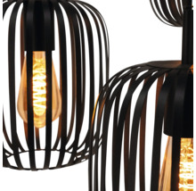 Detailní záběr černého závěsného svítidla s klecovým designem a světelným zdrojem