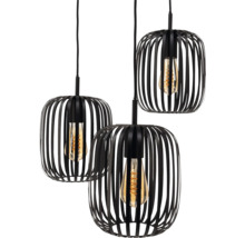 Tři závěsná svítidla s černou kovovou klecí a žárovkou