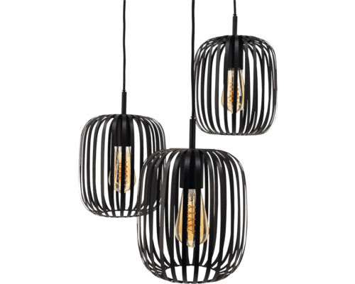 Tři závěsná svítidla s černou kovovou klecí a žárovkou