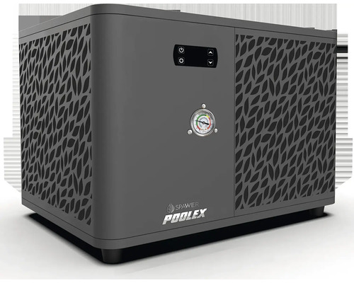 Tmavě šedé tepelné čerpadlo pro bazény Spawer Poolex s dekorativním vzorem listů, digitálním displejem a manometrem.
