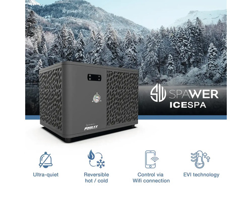 Tepelné čerpadlo Poolex Spawer IceSpa pro vířivky s ovládáním přes Wifi, technologií EVI, velmi tiché a reverzibilní pro ohřev i chlazení.