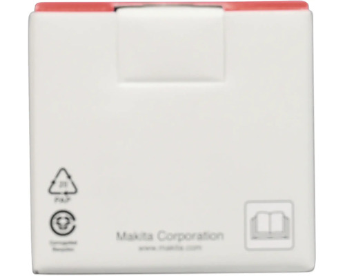 Makita Corporation Logo, symboly pro recyklaci papíru a pokyn k přečtení návodu k obsluze na obalu.