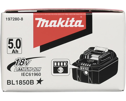 Obal pro Lithium-Iontový akumulátor Makita 18 Voltů 5,0 Ampérhodin model BL1850B s indikátorem nabití a Makita Logo.