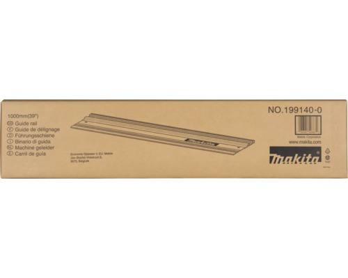 Kartonový obal pro vodicí lištu Makita 1000 milimetrů, model 199140-0, s vyobrazením produktu a Makita Logo.