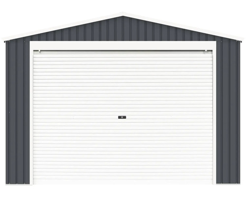 Kovová garáž v antracitové barvě se sedlovou střechou a širokými bílými rolovacími vraty.