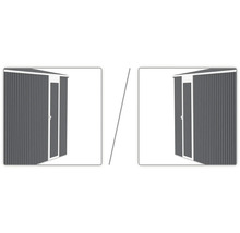 Kovový zahradní domek s vlnitým profilem, jednokřídlé dveře s možností montáže vlevo nebo vpravo.