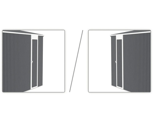 Kovový zahradní domek s vlnitým profilem, jednokřídlé dveře s možností montáže vlevo nebo vpravo.