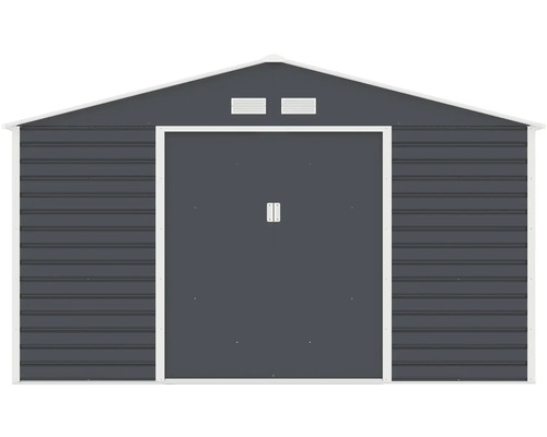 Kovový zahradní domek se sedlovou střechou, posuvnými dveřmi a větracími otvory. Antracitový s bílým lemováním.