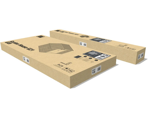 Dvě ploché kartonové krabice pro zahradní domek G21, označené jako část jedna ze dvou a část dvě ze dvou.