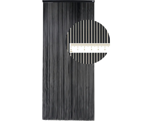 Černý provázkový závěs s detailním záběrem vláken a měřítkem.