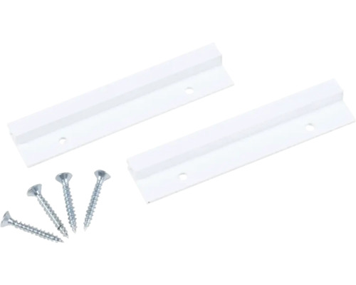 Dvě bílé závěsné lišty se čtyřmi šrouby