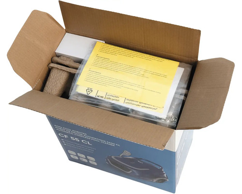 Otevřená krabice s akumulátorovým bazénovým robotem CF 55 CL a příslušenstvím