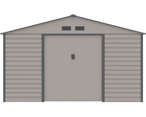 Šedý kovový zahradní domek se sedlovou střechou, dvoukřídlými dveřmi a větracími otvory.