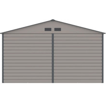 Kovový zahradní domek se sedlovou střechou, horizontálními panely a dvěma větracími otvory ve štítu.