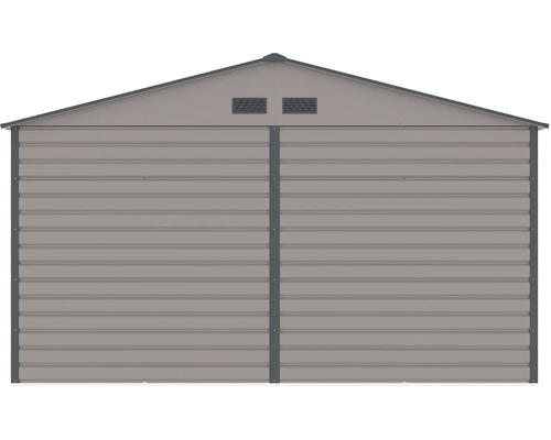Kovový zahradní domek se sedlovou střechou, horizontálními panely a dvěma větracími otvory ve štítu.