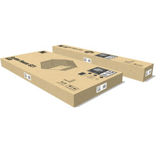 Dva kartonové obaly pro zahradní domek G21, označené jako balík jedna ze dvou a balík dva ze dvou.