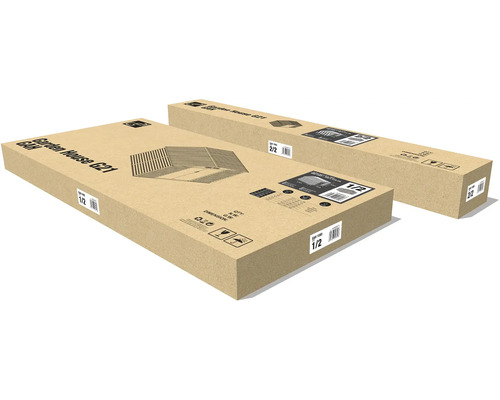 Dva kartonové obaly pro zahradní domek G21, označené jako balík jedna ze dvou a balík dva ze dvou.