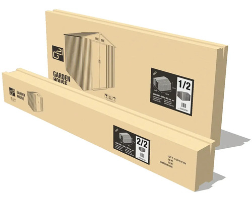 Dvě kartonové krabice značky G21 pro zahradní domek, označené jako balík jedna ze dvou a balík dvě ze dvou.