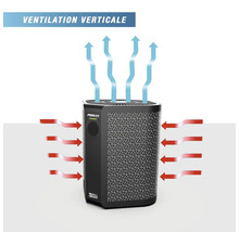 Tepelné čerpadlo Poolex s vertikální ventilací. Šipky znázorňují boční sání a horní vertikální výfuk. Poolex Logo, Full Inverter Logo.