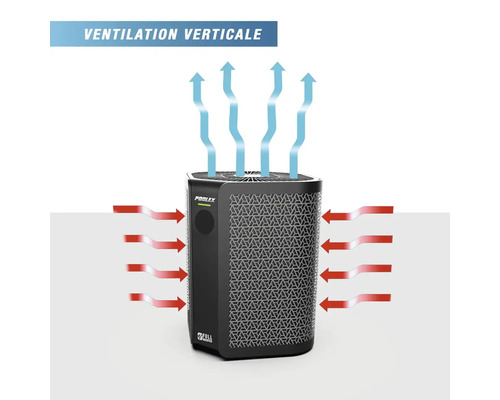 Tepelné čerpadlo Poolex s vertikální ventilací. Šipky znázorňují boční sání a horní vertikální výfuk. Poolex Logo, Full Inverter Logo.
