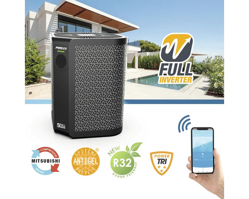 Bazénové tepelné čerpadlo Poolex Full Inverter s ovládáním mobilem, kompresorem Mitsubishi, protizámrazovým systémem, chladivem R32 a třífázovým proudem.