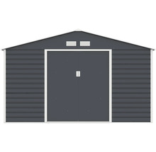 Kovový zahradní domek v antracitové barvě se sedlovou střechou, dvojitými posuvnými dveřmi a větracími otvory.