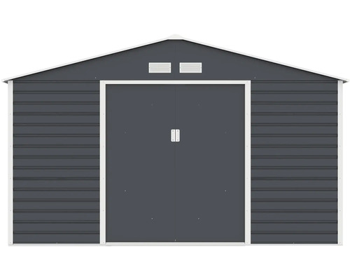 Kovový zahradní domek v antracitové barvě se sedlovou střechou, dvojitými posuvnými dveřmi a větracími otvory.