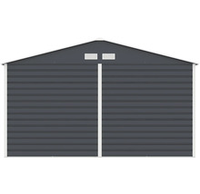 Antracitový kovový zahradní domek se sedlovou střechou, větracími mřížkami a bílým rámem.