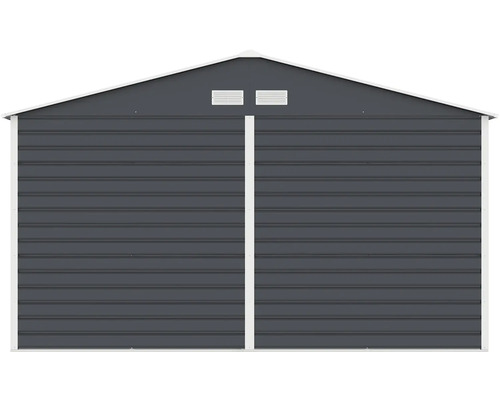Antracitový kovový zahradní domek se sedlovou střechou, větracími mřížkami a bílým rámem.