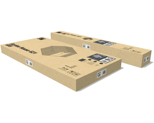 Dvě papírové krabice se zahradním domkem G21, označené jako část jedna ze dvou a část dvě ze dvou.