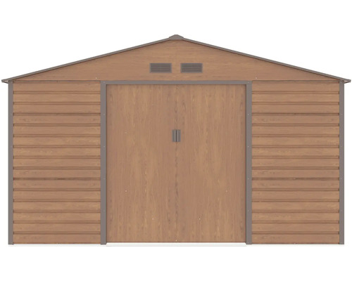 Kovový zahradní domek ve vzhledu dřeva se sedlovou střechou a dvojitými posuvnými dveřmi.