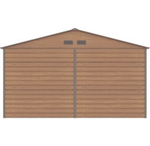 Zadní stěna kovového zahradního domku v dekoru dřeva se sedlovou střechou a dvěma větracími otvory.