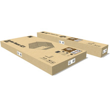 Dvě kartonové krabice pro zahradní domek G21, označené jako část jedna ze dvou a část dvě ze dvou.