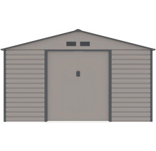 Kovový zahradní domek se sedlovou střechou, dvoukřídlými dveřmi a větracími otvory.