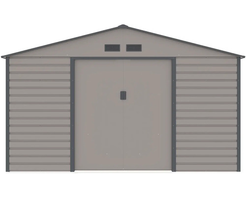 Kovový zahradní domek se sedlovou střechou, dvoukřídlými dveřmi a větracími otvory.