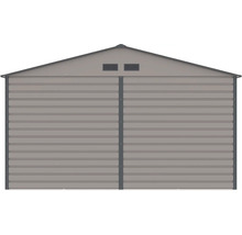 Zadní stěna kovového zahradního domku se sedlovou střechou a dvěma větracími otvory.