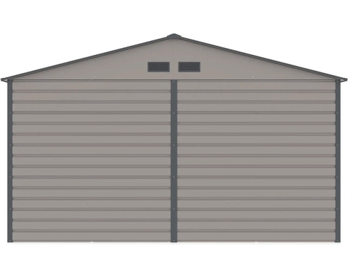 Zadní stěna kovového zahradního domku se sedlovou střechou a dvěma větracími otvory.