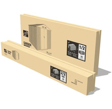 Dva kartonové obaly pro zahradní domek G21, rozdělené na balík jedna ze dvou a dvě ze dvou.