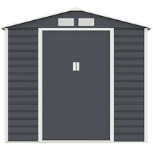 Kovový zahradní domek v antracitové barvě s bílým rámem, sedlovou střechou, dvojitými posuvnými dveřmi a dvěma větracími mřížkami.