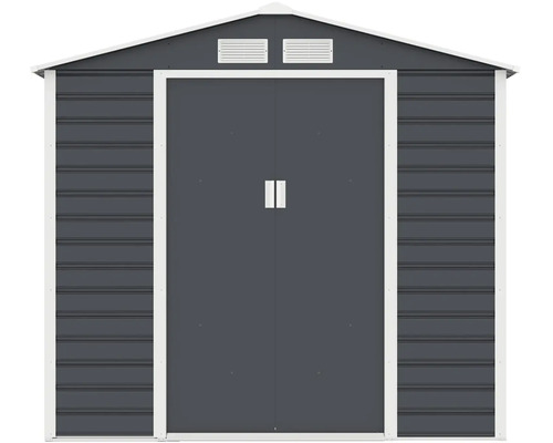 Kovový zahradní domek v antracitové barvě s bílým rámem, sedlovou střechou, dvojitými posuvnými dveřmi a dvěma větracími mřížkami.