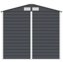 Kovový zahradní domek v antracitové barvě s bílými detaily, sedlovou střechou a dvěma větracími otvory.