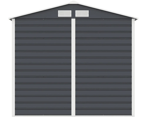 Kovový zahradní domek v antracitové barvě s bílými detaily, sedlovou střechou a dvěma větracími otvory.