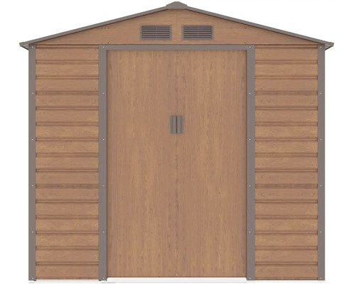 Zahradní domek v dekoru dřeva se sedlovou střechou, dvoukřídlými dveřmi a dvěma větracími mřížkami.