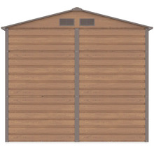 Venkovni stena kovoveho zahradniho domku v dekoru dreva s vetracimi otvory a stitem pro sedlovou strechu.