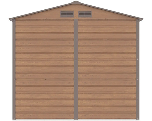 Venkovni stena kovoveho zahradniho domku v dekoru dreva s vetracimi otvory a stitem pro sedlovou strechu.