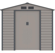 Béžovo-šedý kovový zahradní domek s dvoukřídlými dveřmi, sedlovou střechou a větracími otvory.